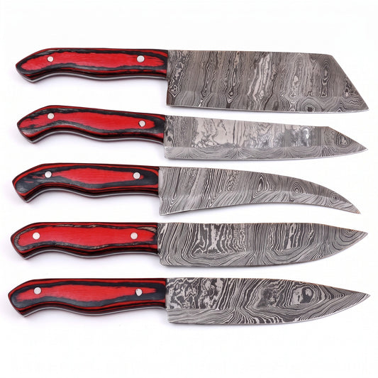 5-Piece Damascus Kitchen Knife Set | Red & Black G10, side profile on white, every piece