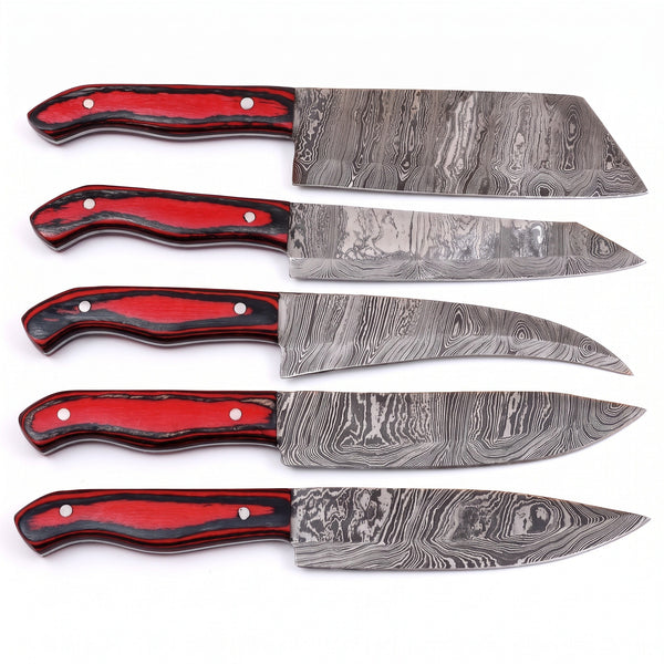 5-Piece Damascus Kitchen Knife Set | Red & Black G10, side profile on white, every piece