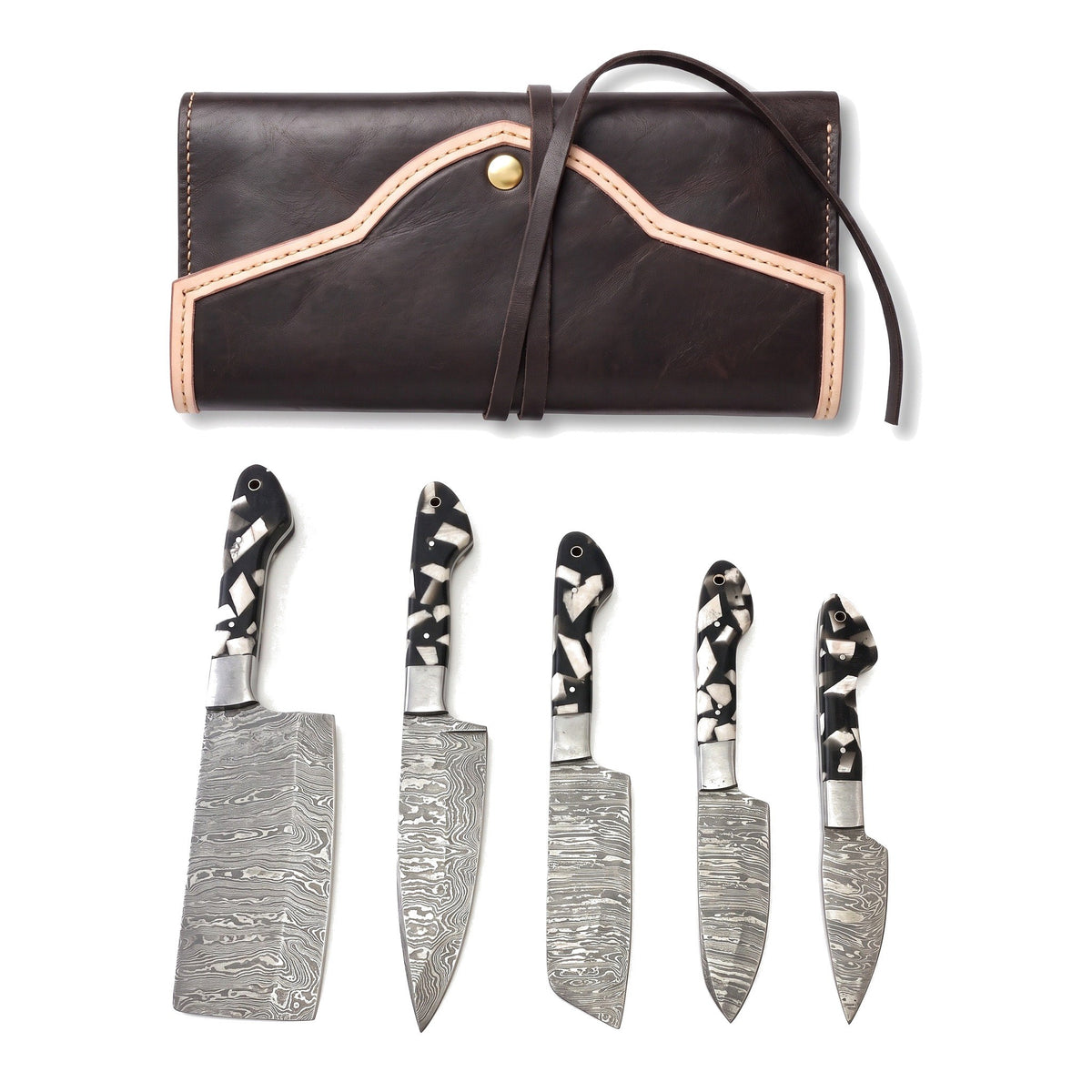 5-Piece Damascus Kitchen Knife Set | Resin, three-quarter view with the Crownridge knife roll