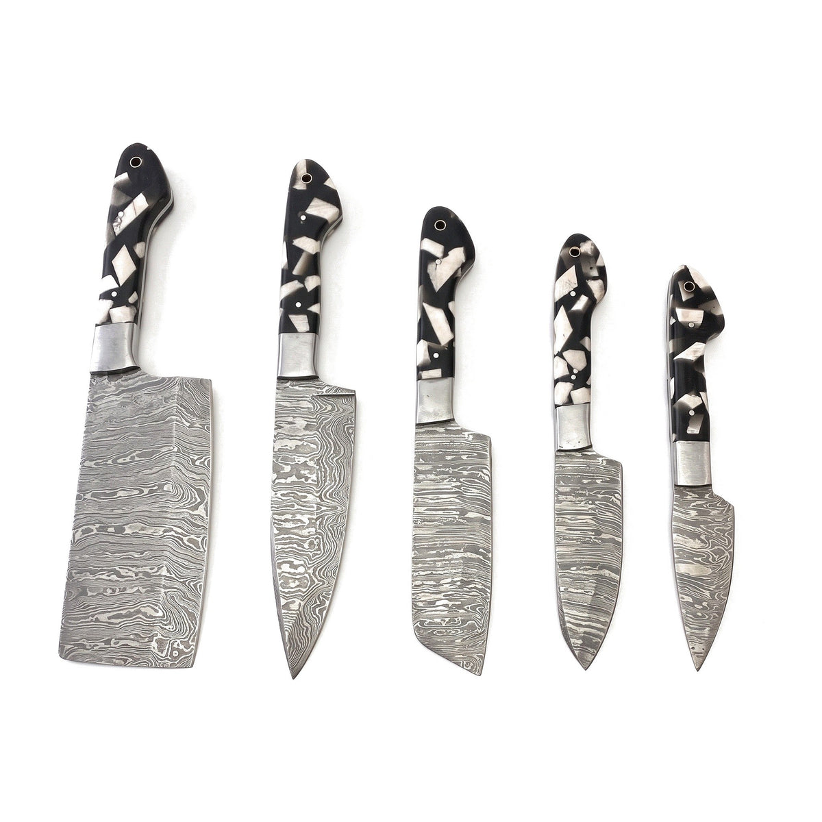 5-Piece Damascus Kitchen Knife Set | Resin, side profile on white