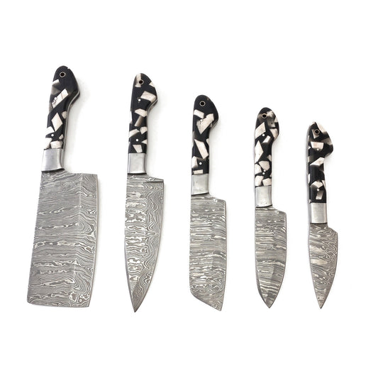 5-Piece Damascus Kitchen Knife Set | Resin, side profile on white