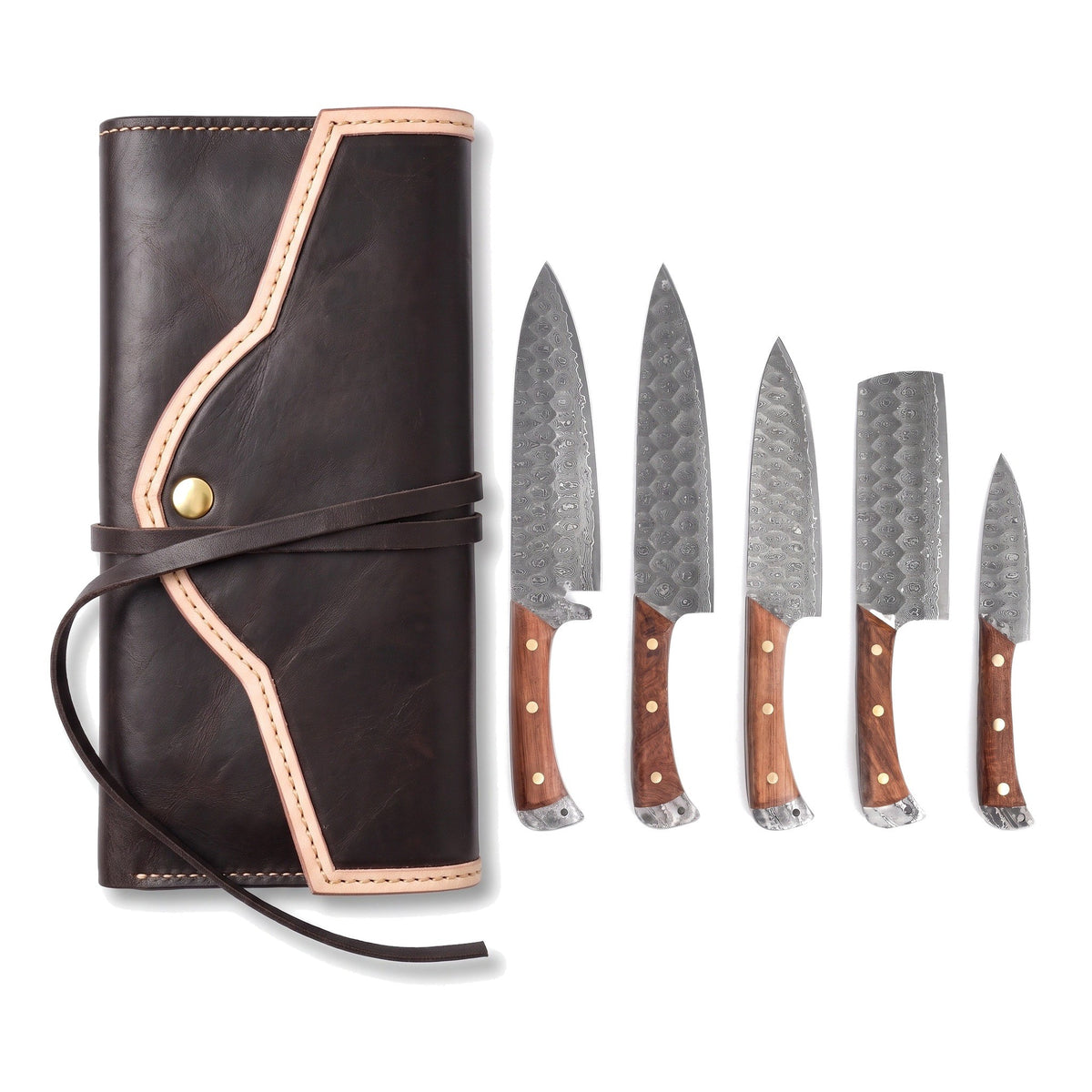 5-Piece Damascus Kitchen Knife Set | Rosewood, three-quarter view with the Crownridge knife roll
