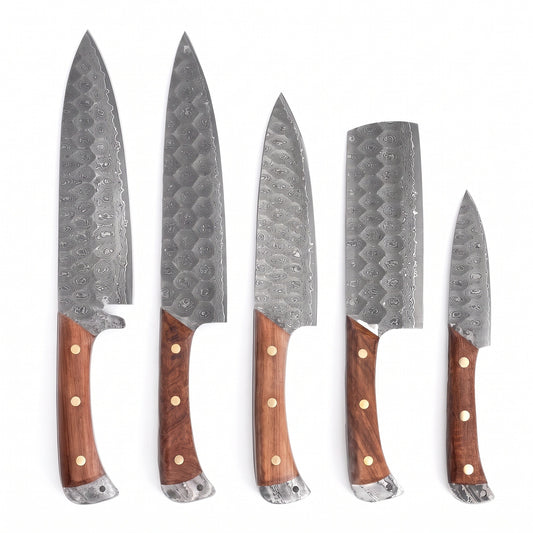 5-Piece Damascus Kitchen Knife Set | Rosewood, side profile on white