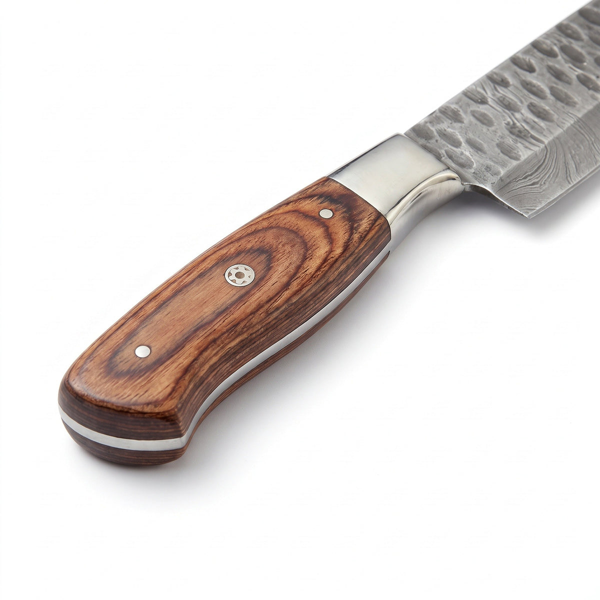 5-Piece Damascus Kitchen Knife Set | Brown Pakkawood, handle and fittings close-up