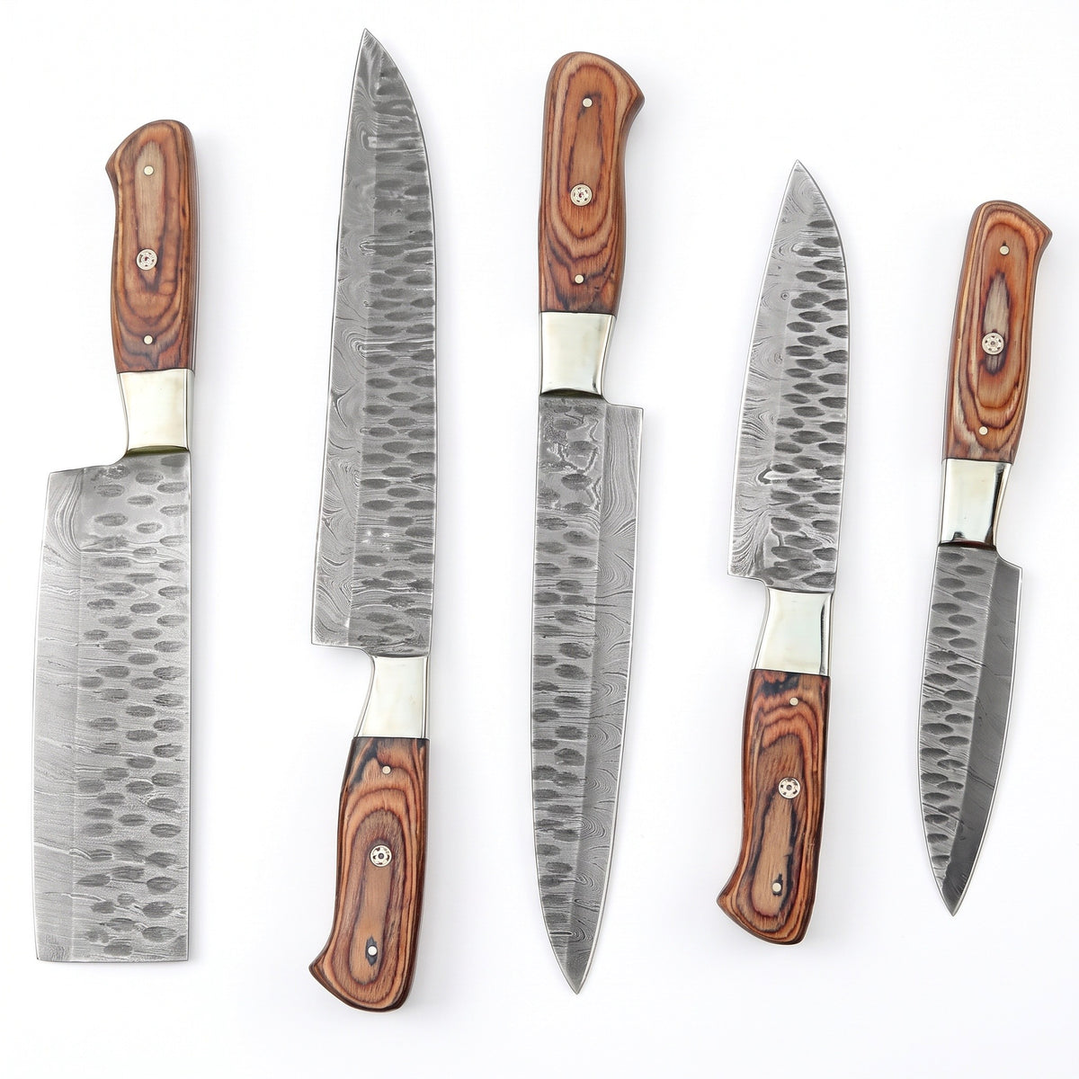 5-Piece Damascus Kitchen Knife Set | Brown Pakkawood, side profile on white, every piece