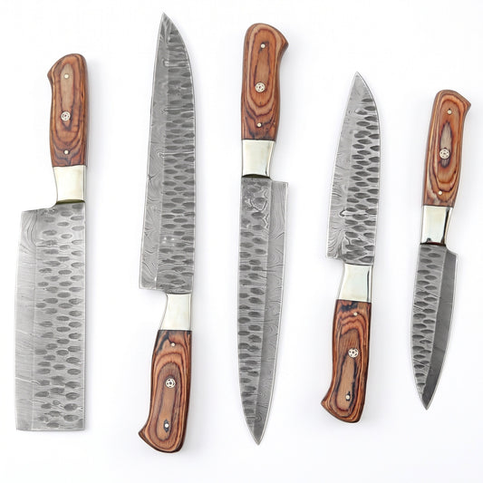 5-Piece Damascus Kitchen Knife Set | Brown Pakkawood, side profile on white, every piece