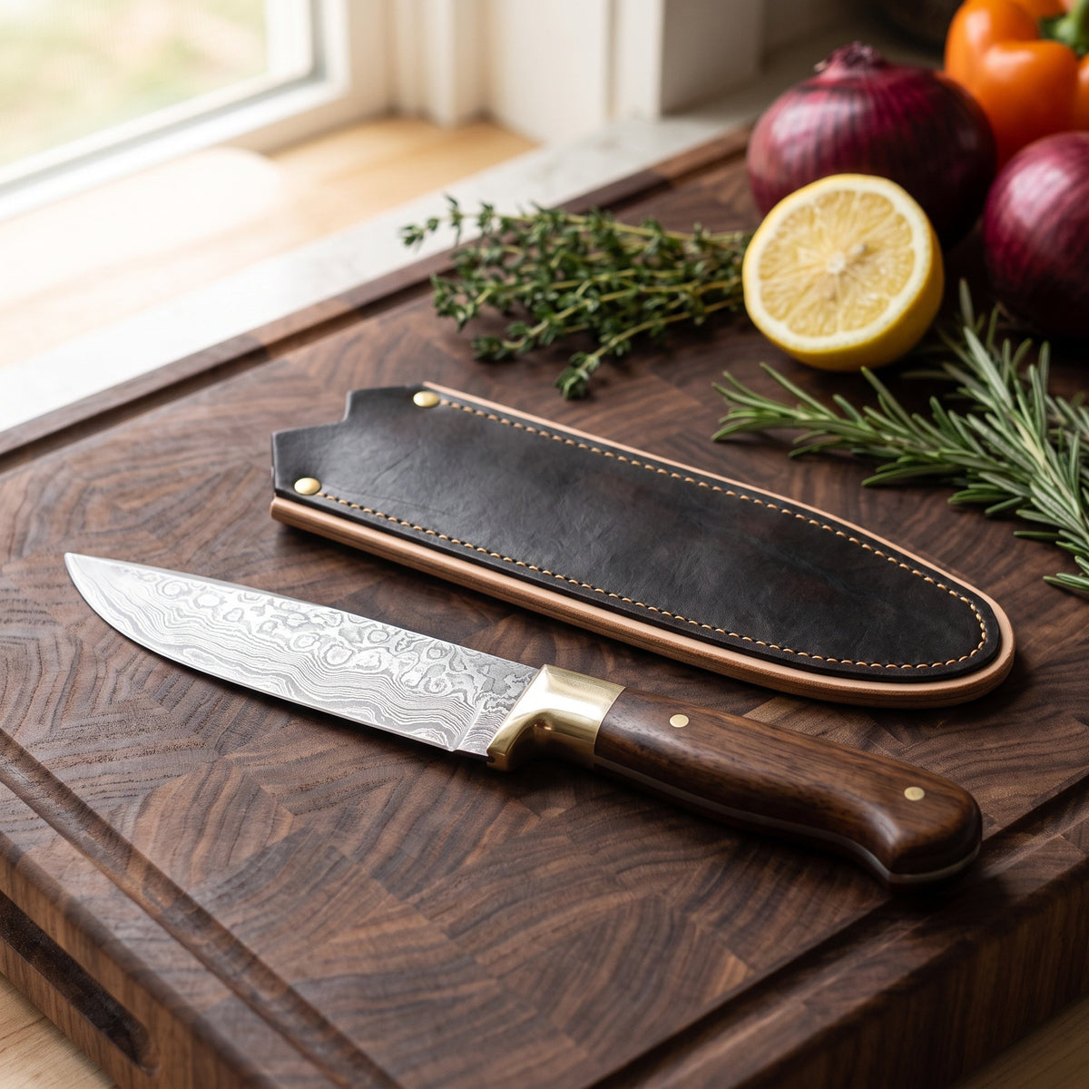 6.3" Damascus Utility Knife | Walnut & Brass, with the Crownridge blade guard in use