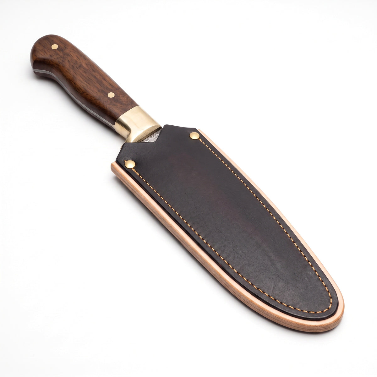 6.3" Damascus Utility Knife | Walnut & Brass, seated in the Crownridge blade guard