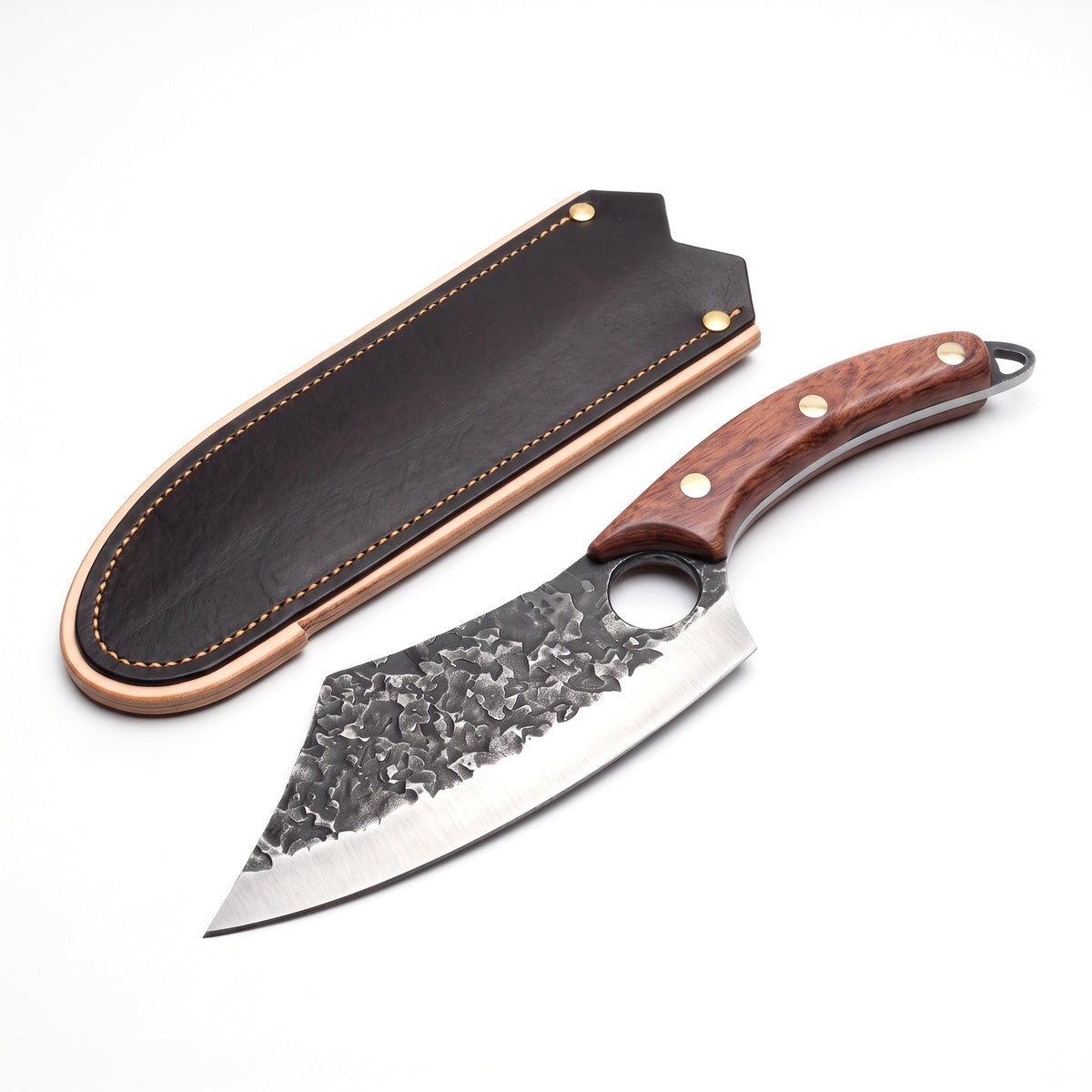 6.5" Carbon Steel Boning Knife | Rosewood, three-quarter view with the Crownridge blade guard