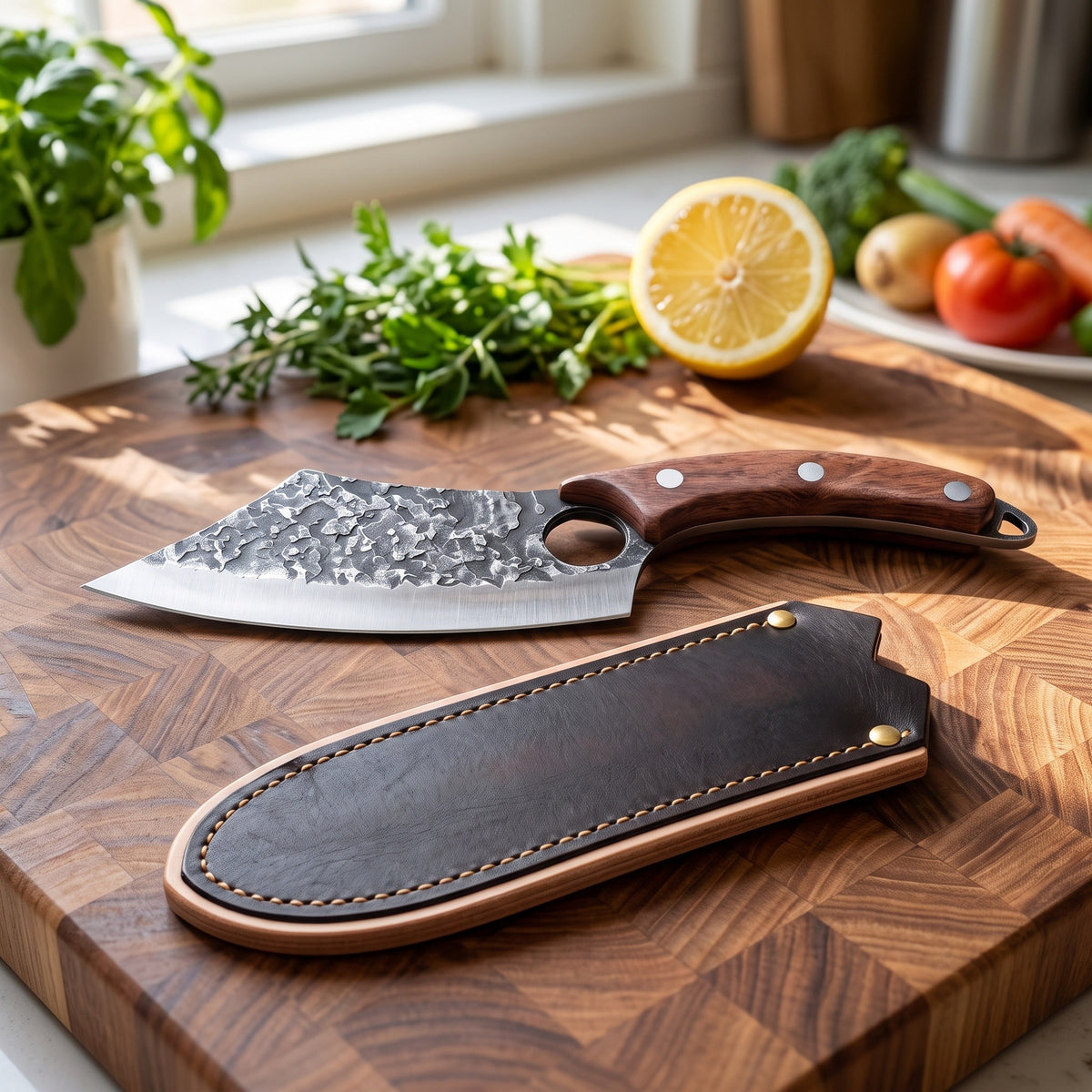 6.5" Carbon Steel Boning Knife | Rosewood, with the Crownridge blade guard in use