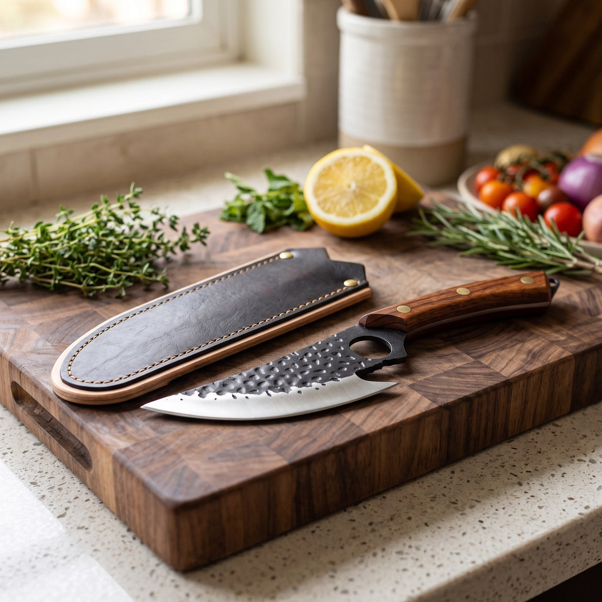 6" Carbon Steel Boning Knife | Bone, with the Crownridge blade guard in use