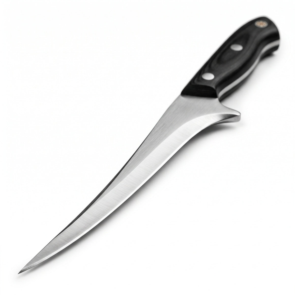 6" Carbon Steel Fillet Knife | Black Pakkawood, carbon steel blade close-up