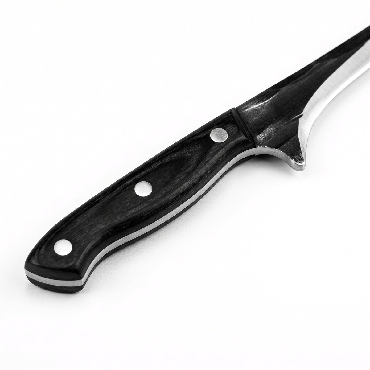6" Carbon Steel Fillet Knife | Black Pakkawood, handle and fittings close-up