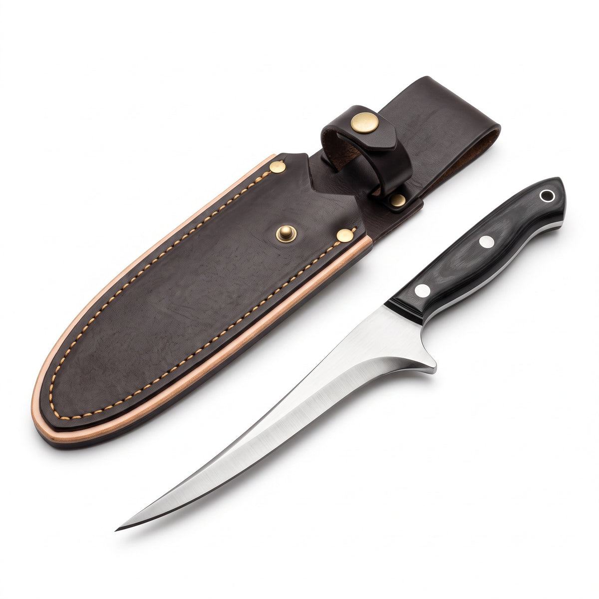 6" Carbon Steel Fillet Knife | Black Pakkawood, three-quarter view with the Crownridge sheath