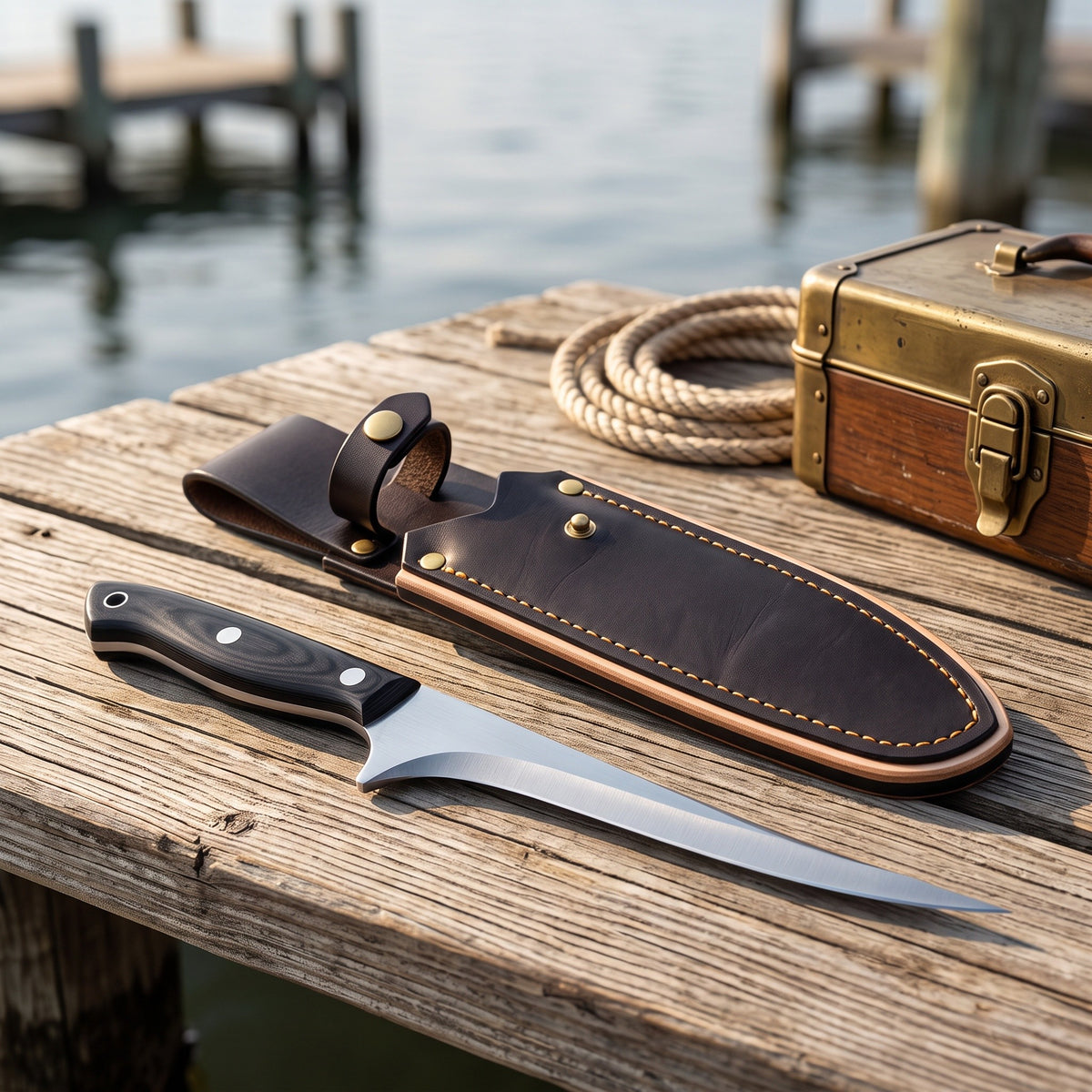 6" Carbon Steel Fillet Knife | Black Pakkawood, with the Crownridge sheath in use
