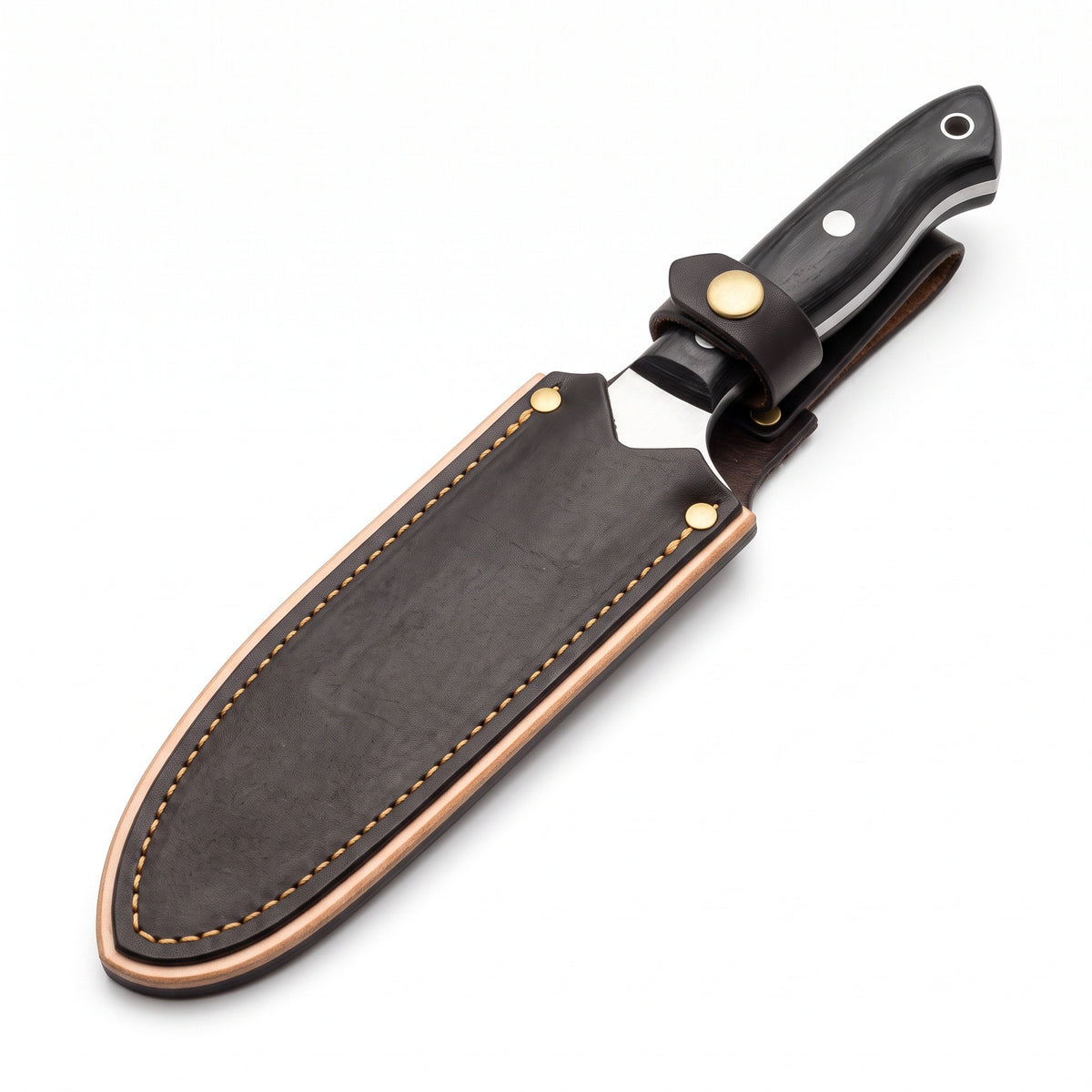 6" Carbon Steel Fillet Knife | Black Pakkawood, seated in the Crownridge sheath