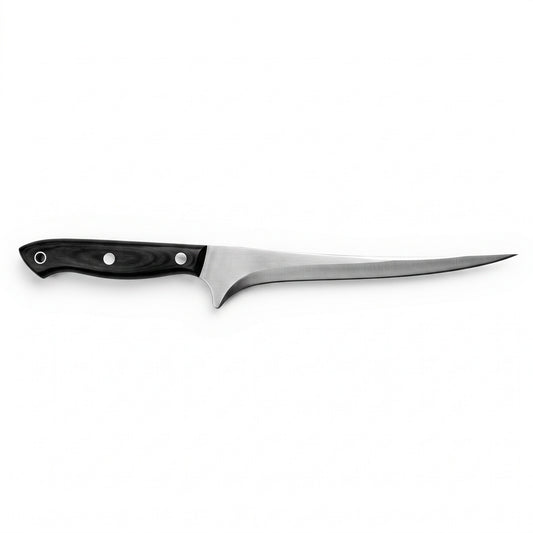 6" Carbon Steel Fillet Knife | Black Pakkawood, side profile on white