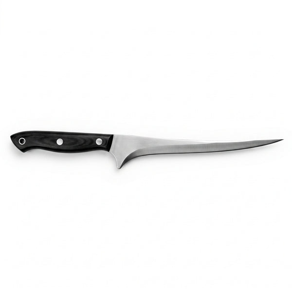 6" Carbon Steel Fillet Knife | Black Pakkawood, side profile on white