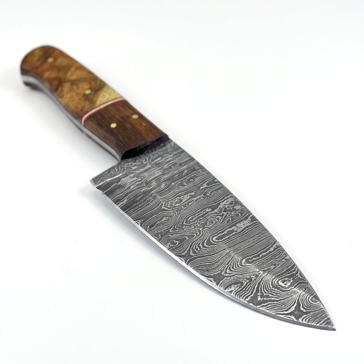 6" Damascus Chef Knife | Burl, Damascus blade close-up