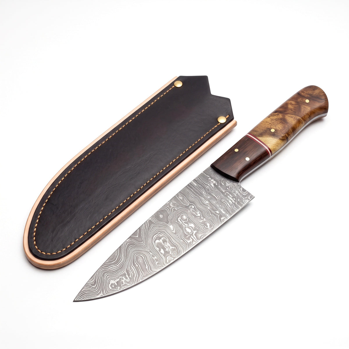 6" Damascus Chef Knife | Burl, three-quarter view with the Crownridge blade guard