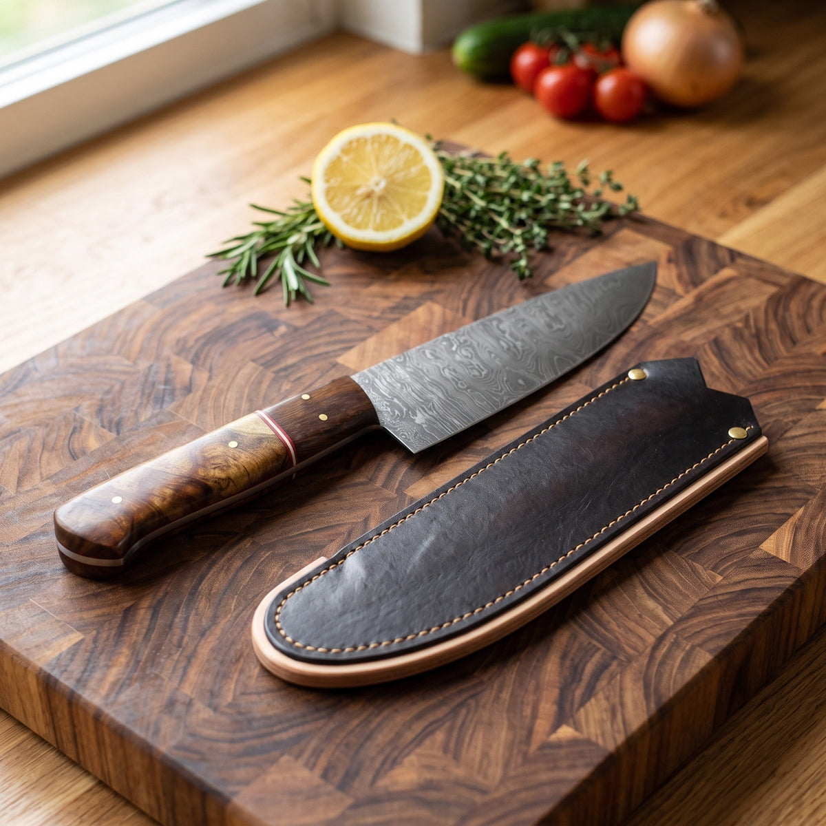 6" Damascus Chef Knife | Burl, with the Crownridge blade guard in use