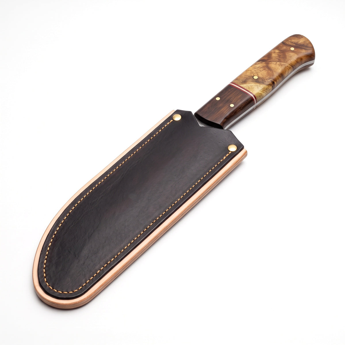 6" Damascus Chef Knife | Burl, seated in the Crownridge blade guard