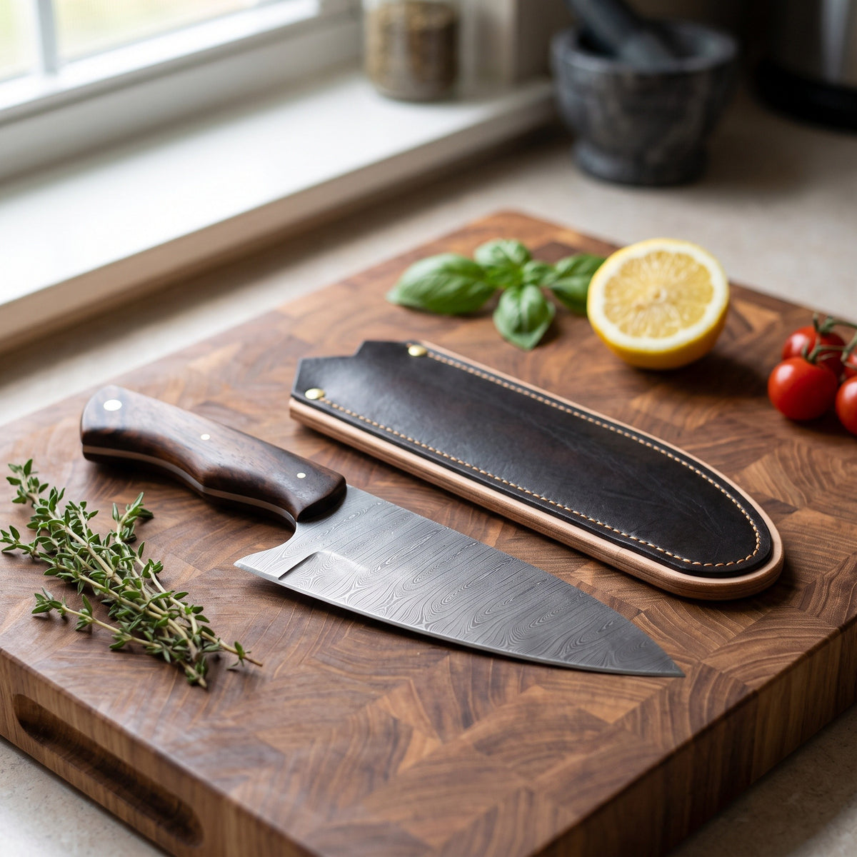 5.25" Damascus Chef Knife | Rosewood, with the Crownridge blade guard in use