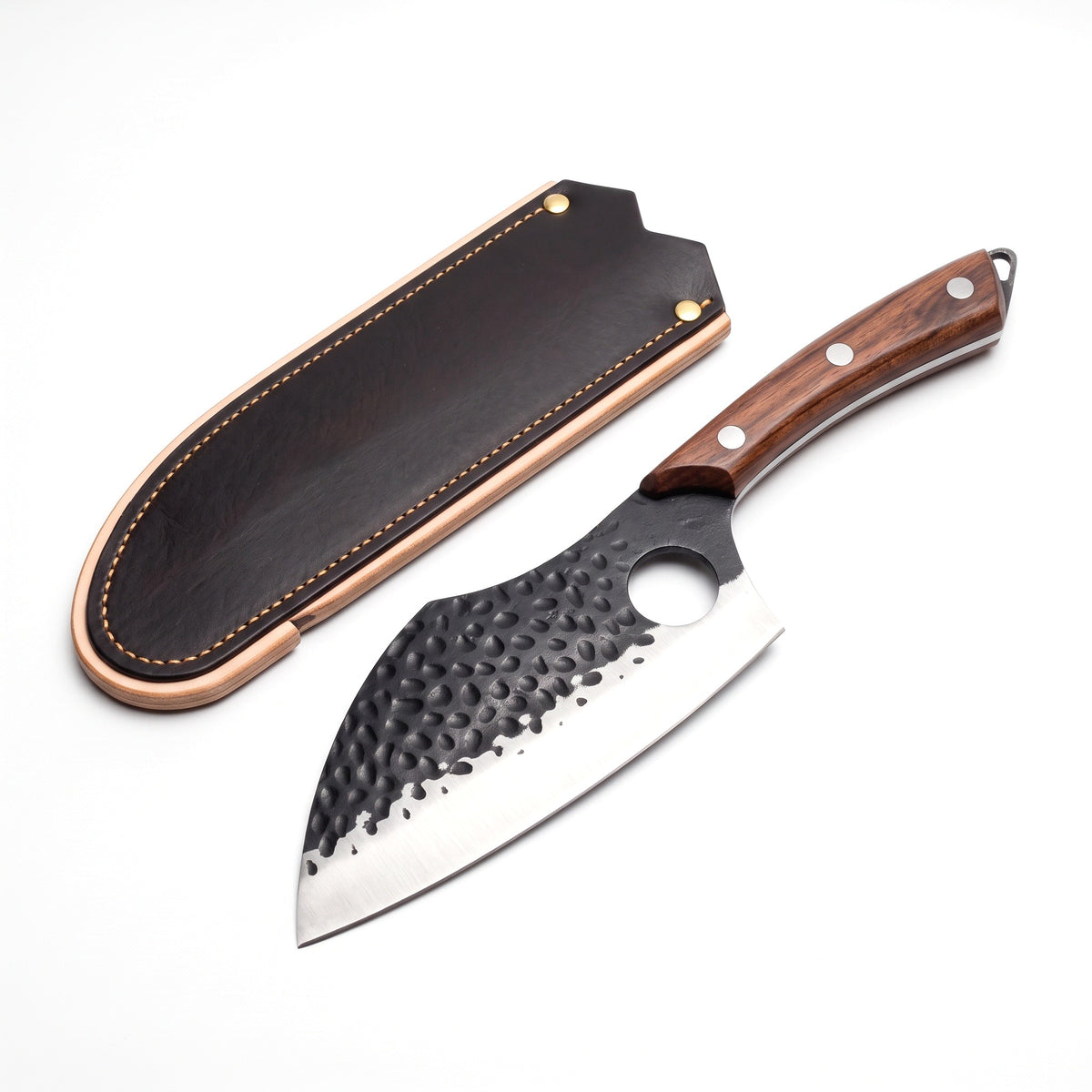 6" Damascus Santoku Knife | Cord Wrap, three-quarter view with the Crownridge blade guard
