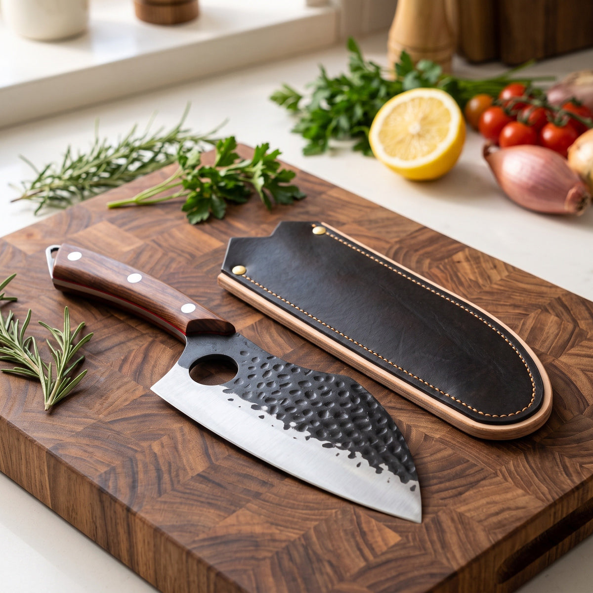 6" Damascus Santoku Knife | Cord Wrap, with the Crownridge blade guard in use