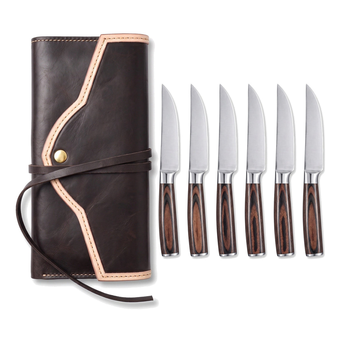 6-Piece Carbon Steel Steak Knife Set | Pakkawood, three-quarter view with the Crownridge knife roll