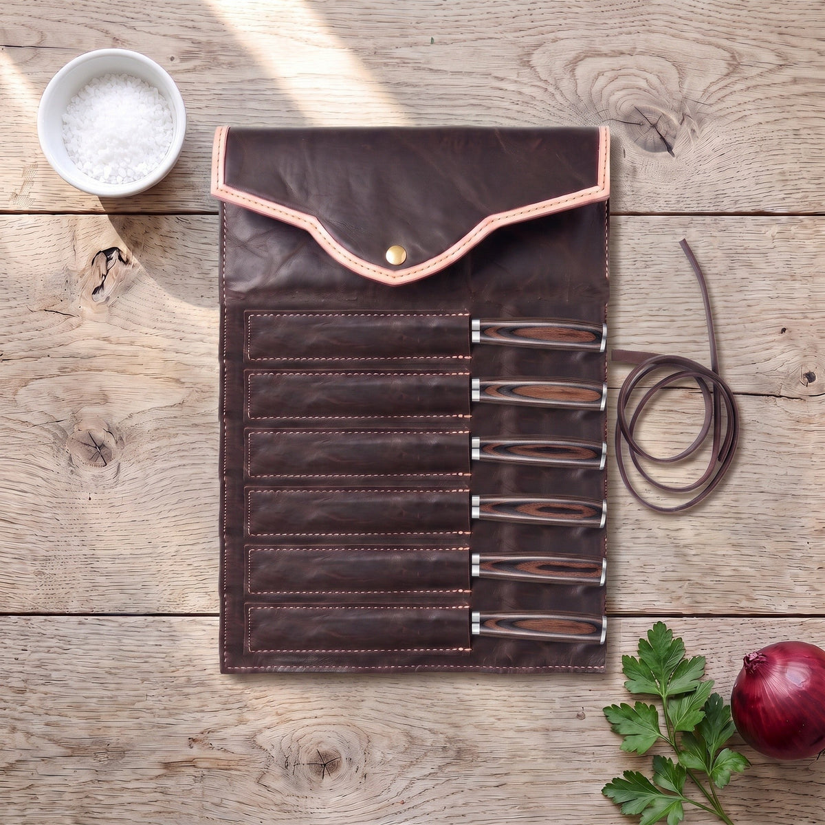 6-Piece Carbon Steel Steak Knife Set | Pakkawood, with the Crownridge knife roll in use