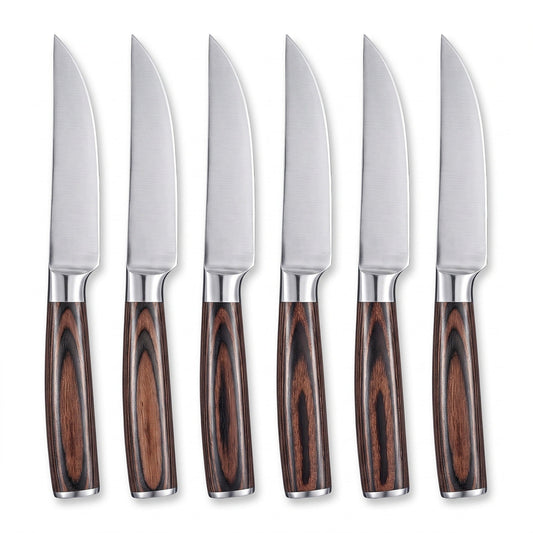 6-Piece Carbon Steel Steak Knife Set | Pakkawood, side profile on white