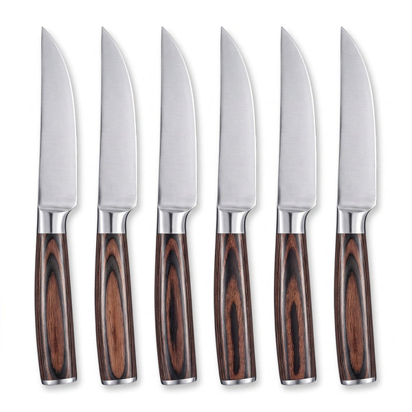6-Piece Carbon Steel Steak Knife Set | Pakkawood, side profile on white