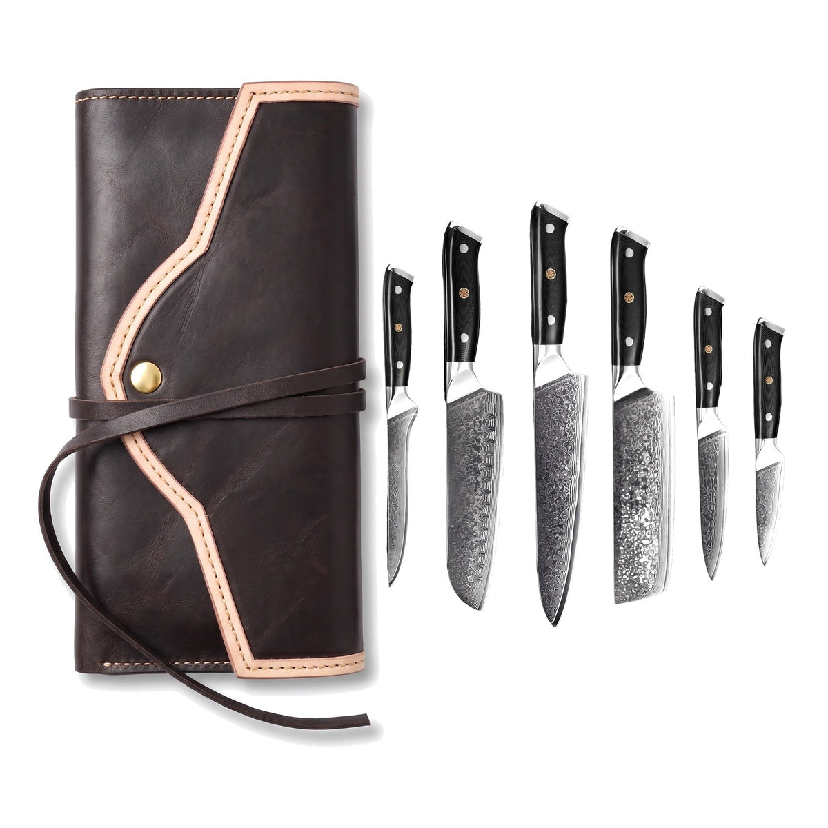 6-Piece Damascus Kitchen Knife Set | G10, three-quarter view with the Crownridge knife roll