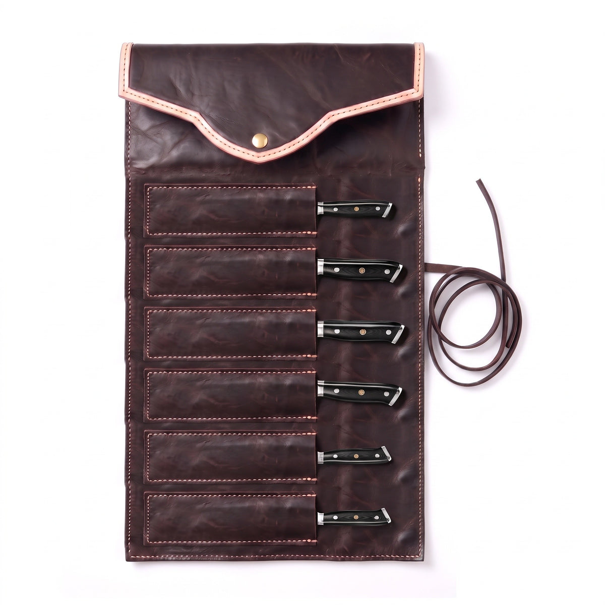 6-Piece Damascus Kitchen Knife Set | G10, seated in the Crownridge knife roll