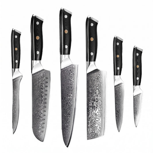 6-Piece Damascus Kitchen Knife Set | G10, side profile on white