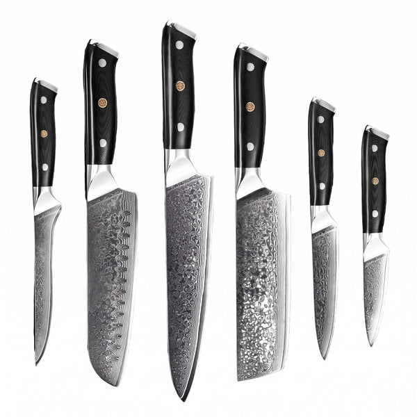 6-Piece Damascus Kitchen Knife Set | G10, side profile on white