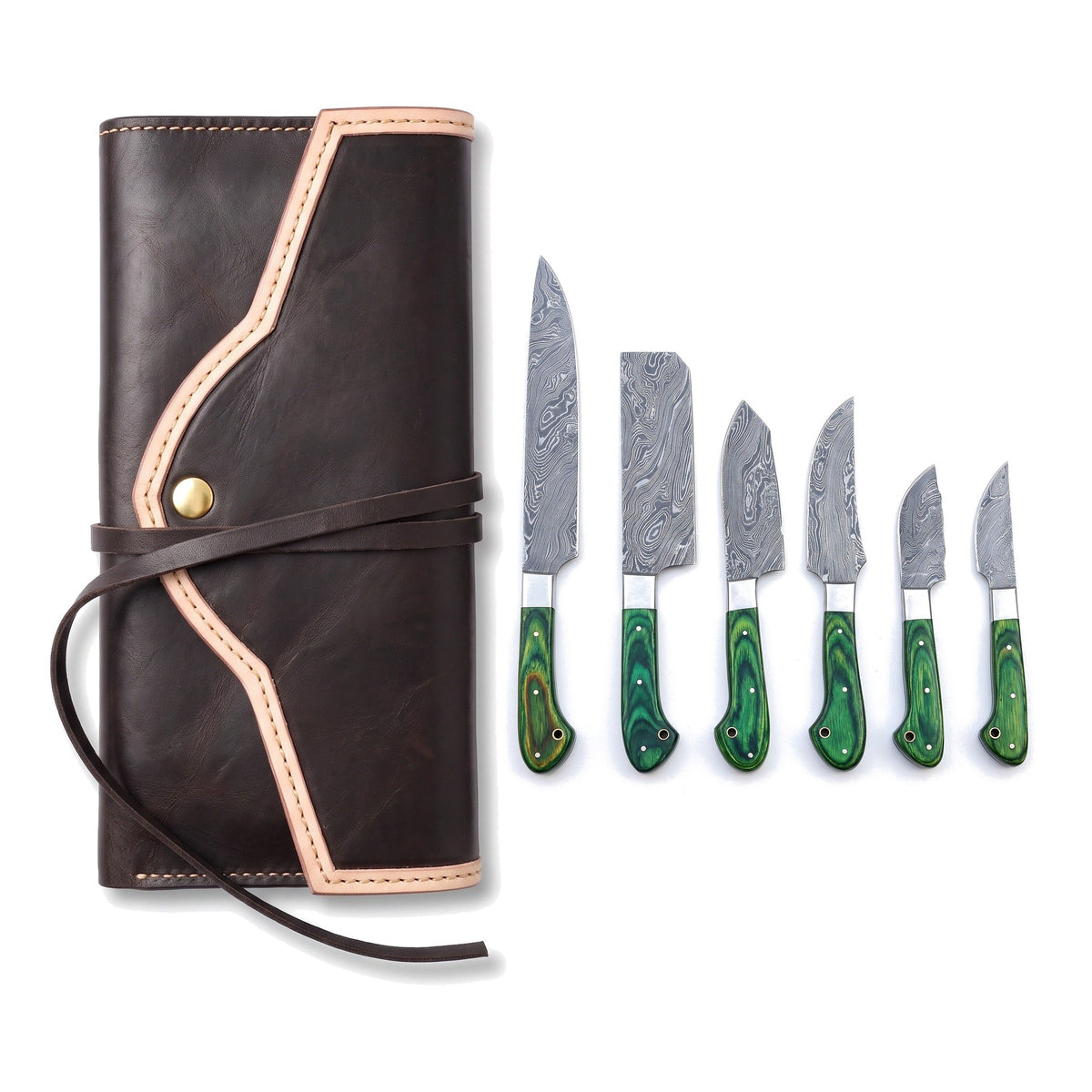 6-Piece Damascus Kitchen Knife Set | Pakkawood, three-quarter view with the Crownridge knife roll