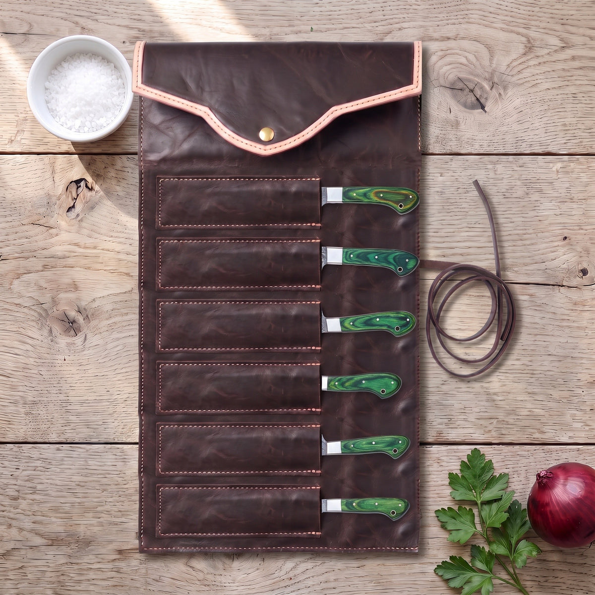 6-Piece Damascus Kitchen Knife Set | Pakkawood, with the Crownridge knife roll in use
