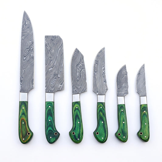 6-Piece Damascus Kitchen Knife Set | Pakkawood, side profile on white