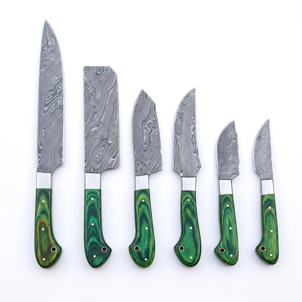6-Piece Damascus Kitchen Knife Set | Pakkawood, side profile on white