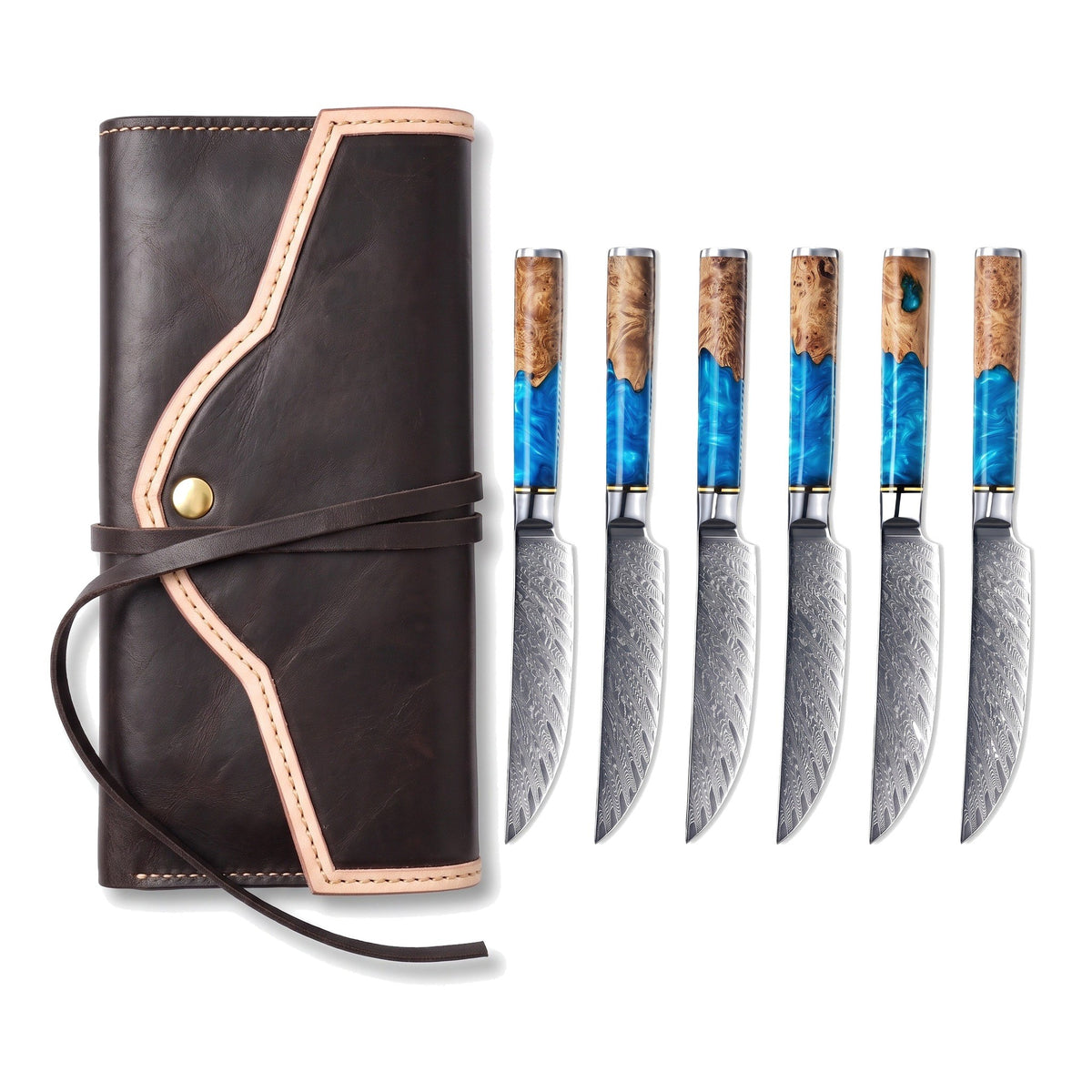 6-Piece Damascus Steak Knife Set | Resin, three-quarter view with the Crownridge knife roll
