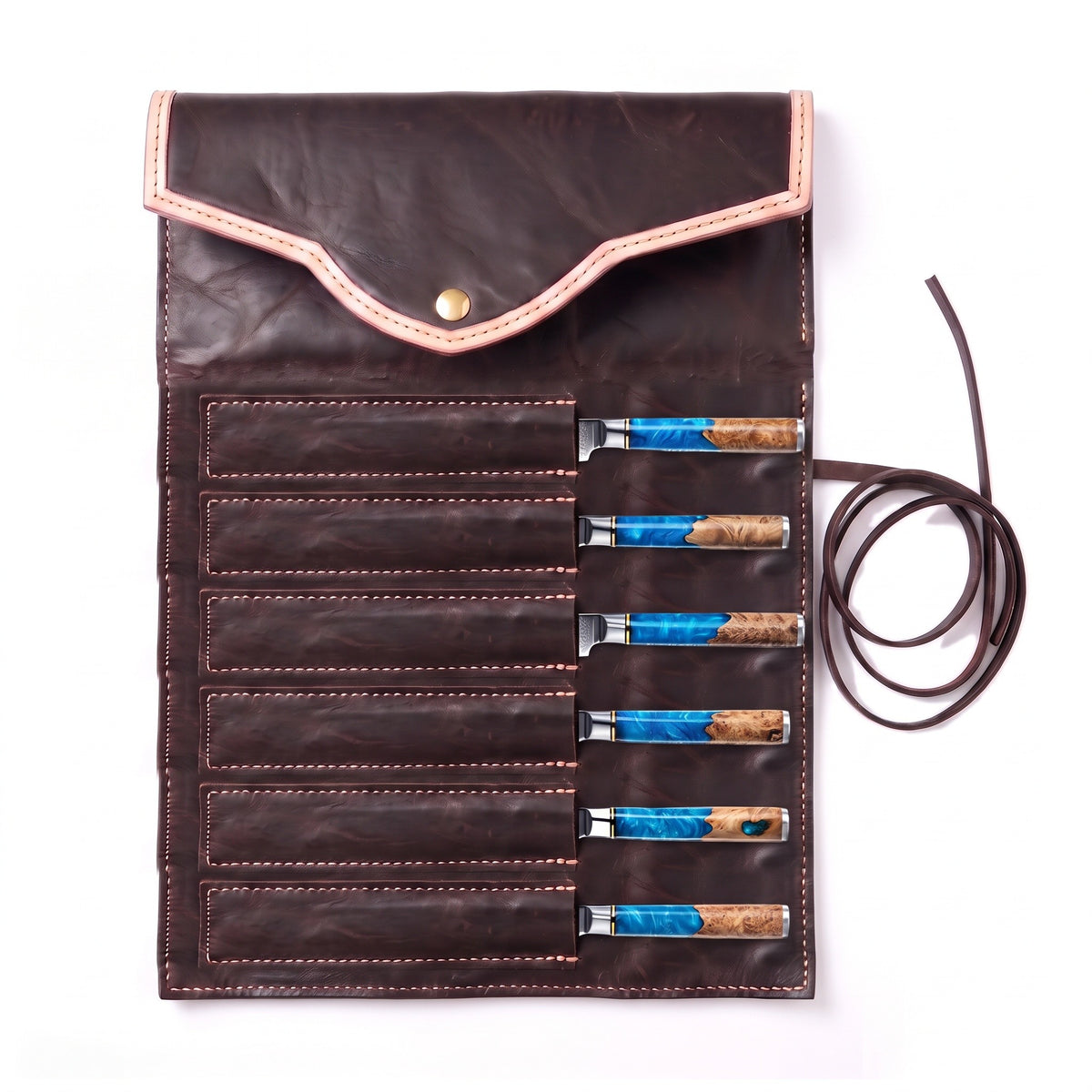 6-Piece Damascus Steak Knife Set | Resin, seated in the Crownridge knife roll