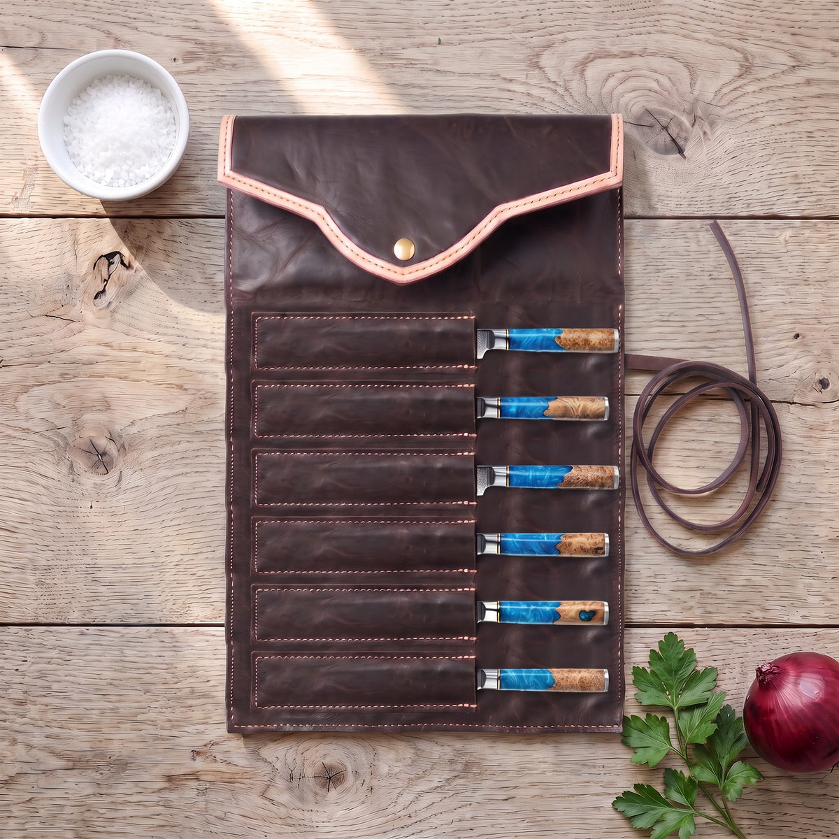 6-Piece Damascus Steak Knife Set | Resin, with the Crownridge knife roll in use