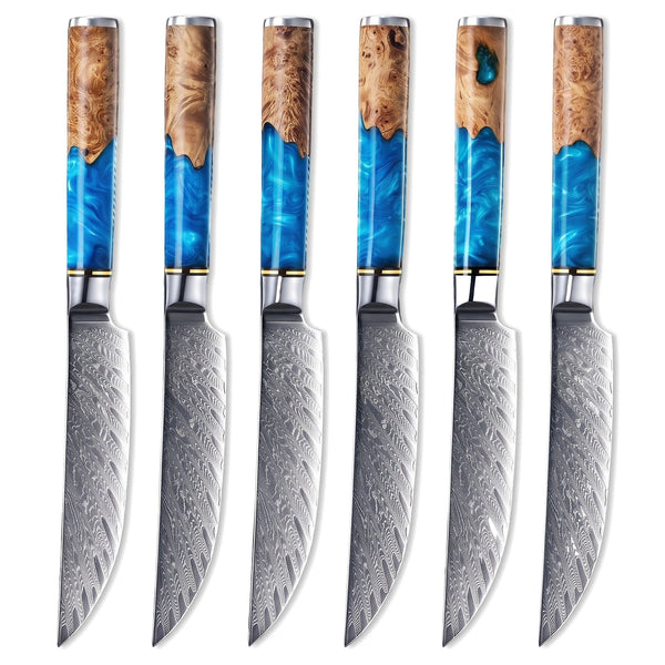 6-Piece Damascus Steak Knife Set | Resin, side profile on white