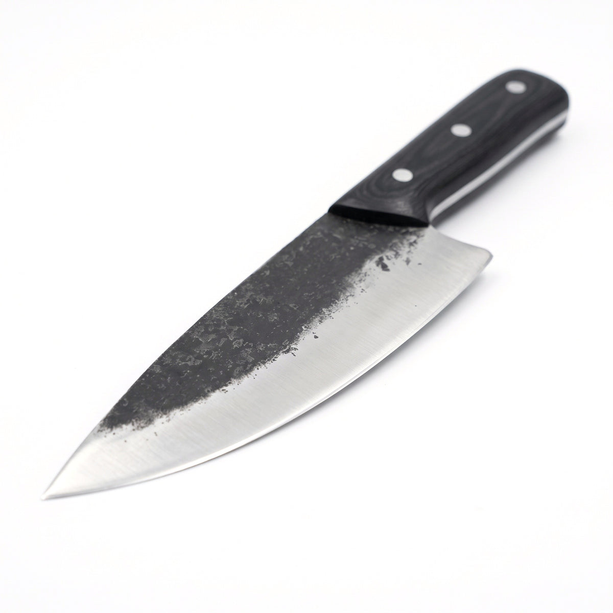 7.5" Carbon Steel Chef Knife | Pakkawood, carbon steel blade close-up