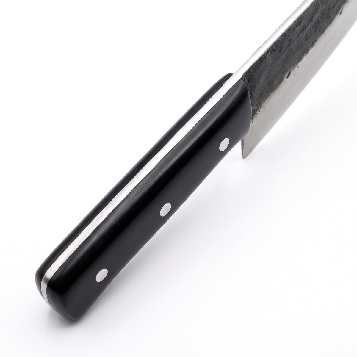 7.5" Carbon Steel Chef Knife | Pakkawood, handle and fittings close-up