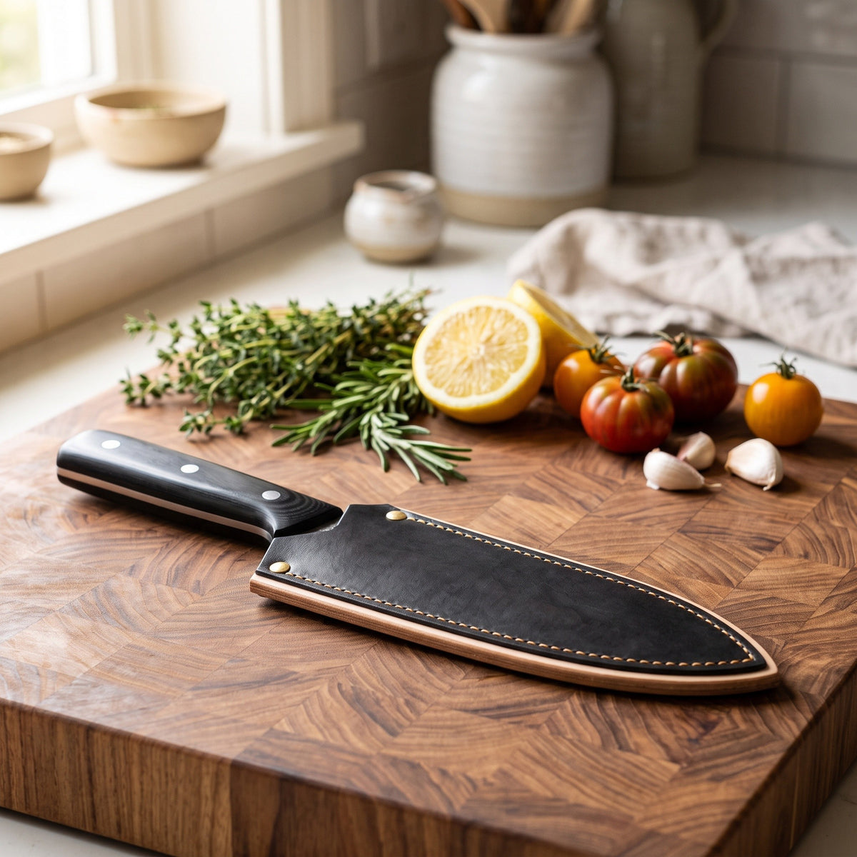 7.5" Carbon Steel Chef Knife | Pakkawood, with the Crownridge blade guard in use