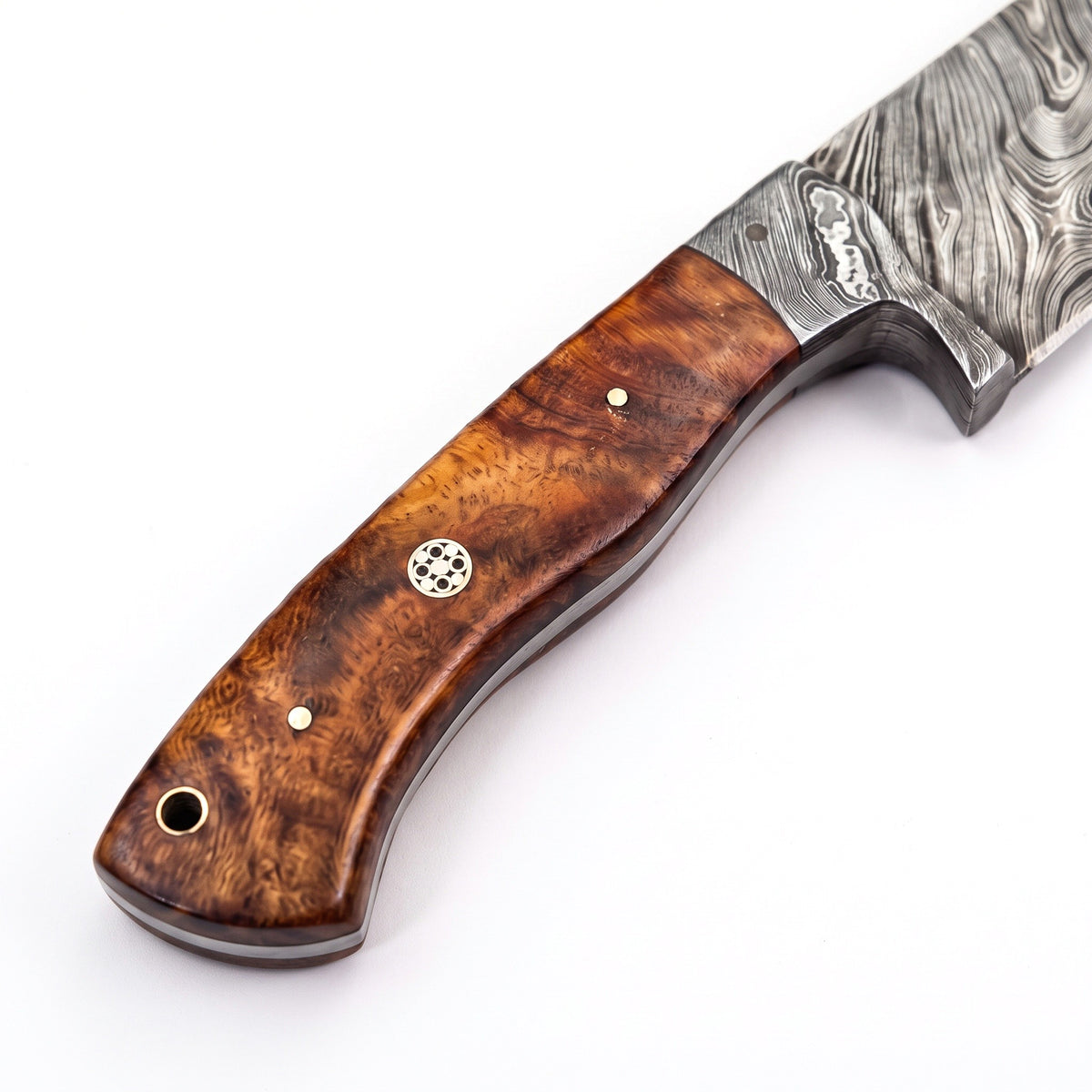 7.5" Damascus Chef Knife | Hardwood, handle and fittings close-up