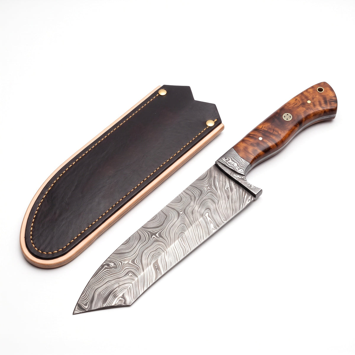 7.5" Damascus Chef Knife | Hardwood, three-quarter view with the Crownridge blade guard